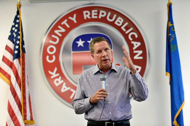 Ohio Gov. John Kasich speaks at the Clark County Republican Party headquarters in Las Vegas on Thursday, June 11, 2015. Kasich is traveling the country before he makes his final decision whether o ...