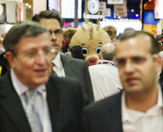 Daniel Tiger Neighborhood cartoon character walks in the Licensing Expo 2015 at the Mandalay Bay Convention Center, 3950 South Las Vegas Boulevard on Tuesday, June 9, 2015. Over 15,000 attendees f ...