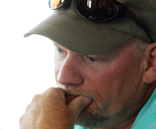 John Haverly attends a small community gathering in the Berkabile home Wednesday, May 27, 2015, in Las Vegas. The neighbors came together to discuss their opposition to Shiron Development LLC's pr ...
