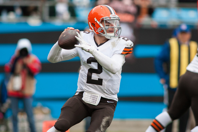 Dec 21, 2014; Charlotte, NC, USA;  Cleveland Browns quarterback Johnny Manziel (2) prepares to throw the ball during the second quarter against the Carolina Panthers at Bank of America Stadium. (J ...