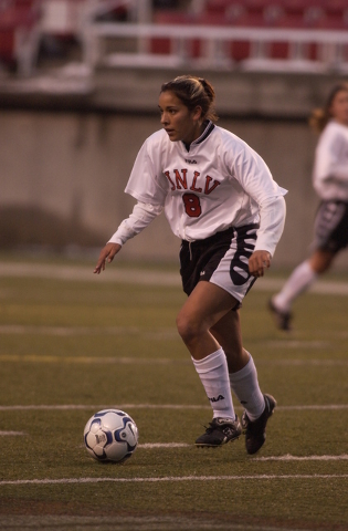 UNLV defender Jennifer Ruiz playing against San Diego State in the 2003 Mountain West women's soccer tournament. (Photo by Jaren Wilkey/MWC)