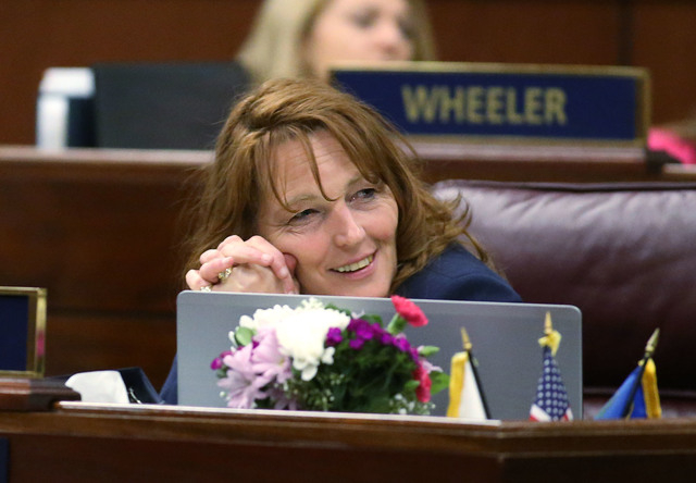 Nevada Assembly Minority Leader Marilyn Kirkpatrick, D-North Las Vegas, listens to Assembly floor discussion of the live entertainment tax in the final hours of the session at the Legislative Buil ...