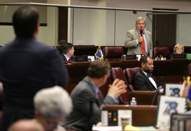 Nevada Sen. Tick Segerblom, D-Las Vegas, speaks out in opposition to a bill that included $1 million in funding for a new execution chamber during Senate floor discussion in the final hours of the ...
