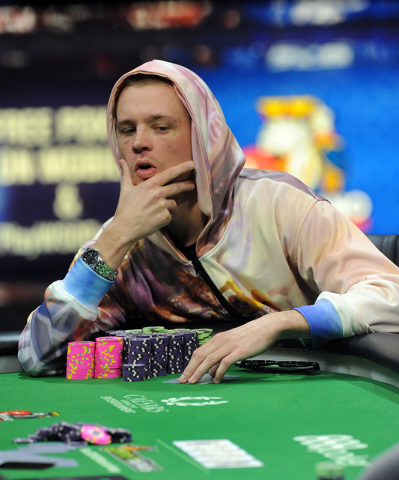 Poker player Adrian Buckley of Westminster, Colo., is seen during the final round of the $1.2 million Millionaire Maker tournament at the World Series of Poker at the Rio hotel-casino in Las Vegas ...