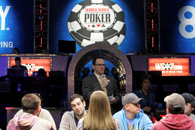 The last 10 poker players gather to compete in the Millionaire Maker at the Rio hotel-casino on Tuesday, June 9, 2015, in Las Vegas. Thousands had entered to compete in the Millionaire Maker. (Jam ...