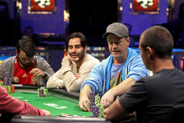 Erick Lindgren organizes his chips during the finals of the Millionaire Maker at the Rio hotel-casino on Tuesday, June 9, 2015, in Las Vegas. Thousands had entered to compete in the Millionaire Ma ...