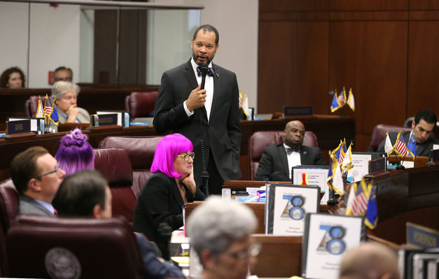 Nevada Senate Minority Leader Aaron Ford, D-Las Vegas, speaks in support of a record $1.1 billion general fund tax package during Senate floor discussion at the Legislative Building in Carson City ...