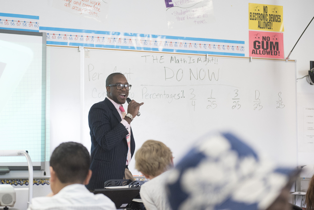 Bentley McDonald, a student teacher, conducts a math lesson at John C. Fremont Middle School in Las Vegas, Friday, June 26, 2015. (Jason Ogulnik/Las Vegas Review-Journal)