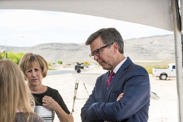 Clark County Commissioner Susan Brager and Tom Warden talk during the groundbreaking of The Cliffs, a new development in Summerlin, in Las Vegas on Wednesday, June 10, 2015. (Joshua Dahl/Las Vegas ...