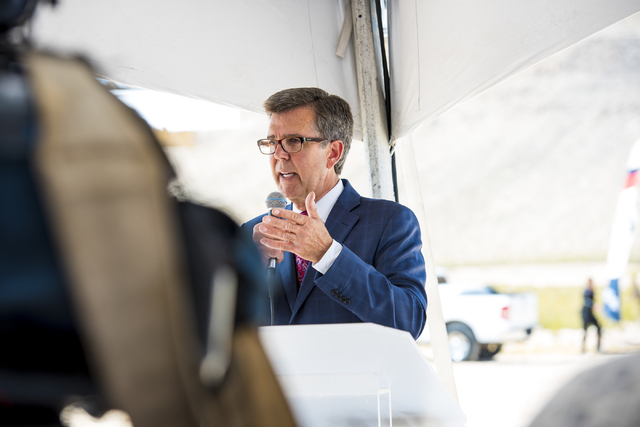 Tom Warden, vice president of community and government affairs for the Howard Hughes Corp., speaks during the groundbreaking of The Cliffs, a new development in Summerlin, in Las Vegas on Wednesda ...
