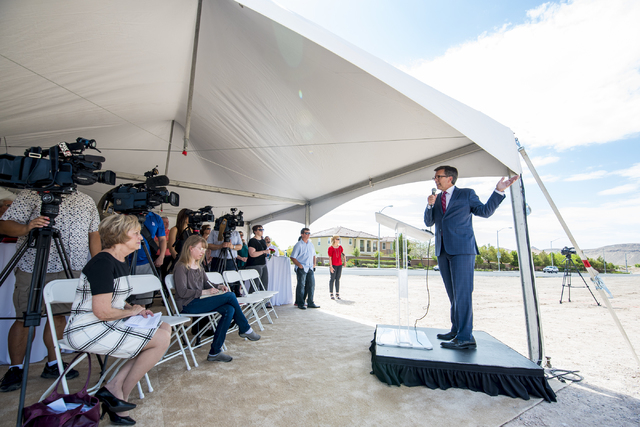 Tom Warden, vice president of community and government affairs for the Howard Hughes Corp., speaks during the groundbreaking of The Cliffs, a new development in Summerlin, in Las Vegas on Wednesda ...