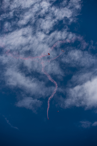 Skydivers descend during the groundbreaking ceremony of The Cliffs, a new development in Summerlin, in Las Vegas on Wednesday, June 10, 2015. (Joshua Dahl/Las Vegas Review-Journal)