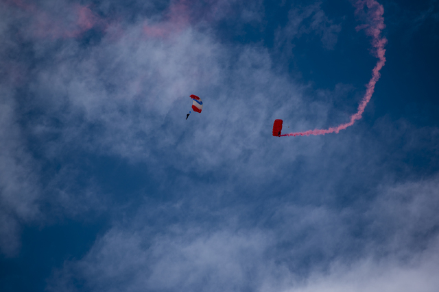 Skydivers descend during the groundbreaking ceremony of The Cliffs, a new development in Summerlin, in Las Vegas on Wednesday, June 10, 2015. (Joshua Dahl/Las Vegas Review-Journal)
