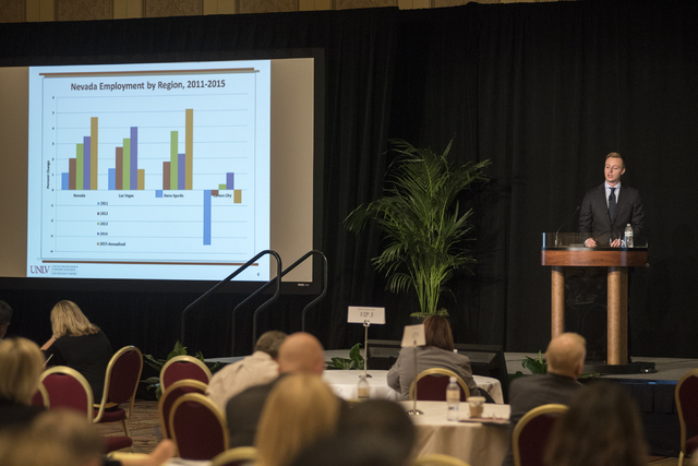 Economic analyst Ryan Kennelly speaks during the UNLV Center for Business & Economic Research biannual conference at the Sands Expo and Convention Center in Las Vegas on Thursday, June 25, 2015. ( ...