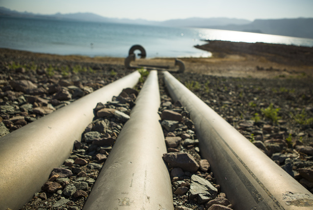 Water intake pipes that once were under water are exposed from receding water at Lake Mead National Recreation Area Wednesday, June 3, 2015 near Boulder City, Nev.
 (Jeff Scheid/Las Vegas Review-J ...