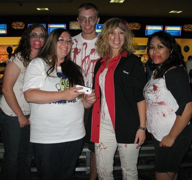 From left, Erika Stratton, Katheren McAllister, Chase Roberts, Tiffany Effros and Linda Garcia take a break from bowling at the Big Brothers Big Sisters of Southern Nevada's 2013 Zombie Bowl fundr ...