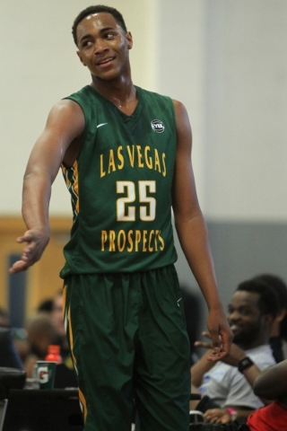 Las Vegas Prospects swingman Charles O‘Bannon reacts to a call against BBA Hoops in th ...