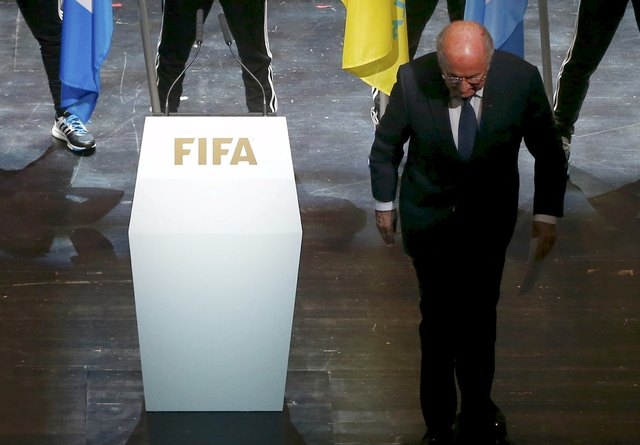 FIFA President Sepp Blatter leaves the stage after making a speech during the opening ceremony of the 65th FIFA Congress in Zurich, Switzerland, in this file picture taken May 28, 2015. (REUTERS/A ...