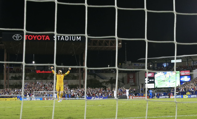 Jul 7, 2015; Dallas, TX, USA; the United States goalkeeper Brad Guzan (1) reacts during the match against Honduras during the 2015 Gold Cup soccer match at Toyota Stadium. Mandatory Credit: Kevin ...