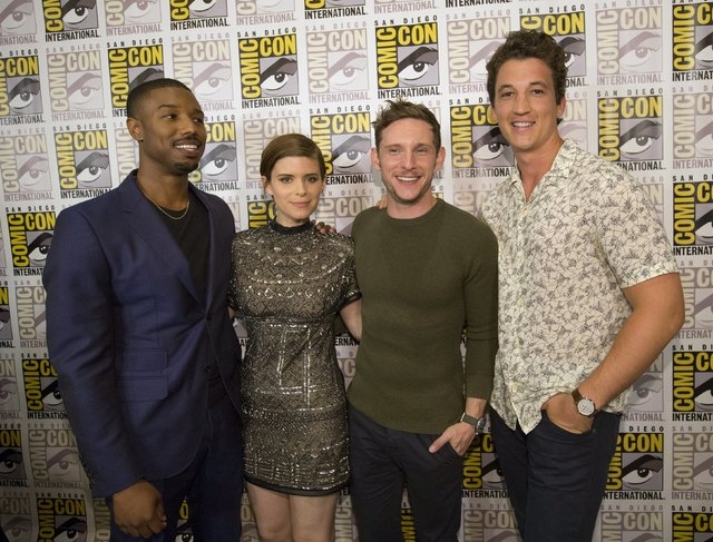 Cast members Michael B. Jordan (L), Kate Mara, Jamie Bell and Miles Teller (R) pose at a press line for "Fantastic Four" during the 2015 Comic-Con International Convention in San Diego, California ...