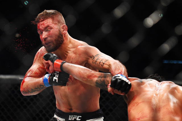 Jeremy Stephens gets hit with a left from Dennis Bermudez during their fight at UFC 189 Saturday, July 11, 2015 at the MGM Grand Garden Arena in Las Vegas, Nevada. CREDIT: Sam Morris/Las Vegas New ...
