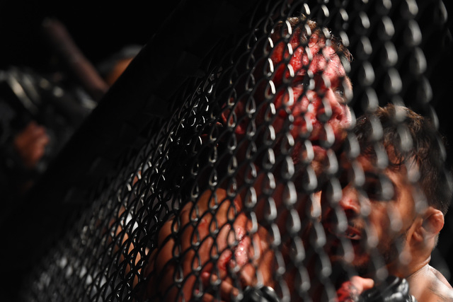 Jeremy Stephens is forced against the cage by Dennis Bermudez during their fight at UFC 189 Saturday, July 11, 2015 at the MGM Grand Garden Arena in Las Vegas, Nevada. CREDIT: Sam Morris/Las Vegas ...