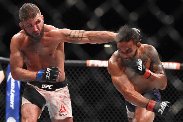 Jeremy Stephens, left, and Dennis Bermudez trade punches during their fight at UFC 189 Saturday, July 11, 2015 at the MGM Grand Garden Arena in Las Vegas, Nevada. CREDIT: Sam Morris/Las Vegas News ...