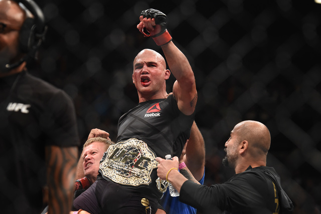 Robbie Lawler celebrates his fifth round TKO of Rory Macdonald in their welterweight title fight at UFC 189 Saturday, July 11, 2015 at the MGM Grand Garden Arena in Las Vegas, Nevada. CREDIT: Sam  ...