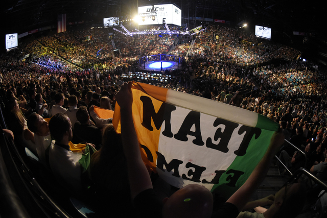 Irish fight fans raise a flag at UFC 189 Saturday, July 11, 2015 at the MGM Grand Garden Arena in Las Vegas, Nevada. CREDIT: Sam Morris/Las Vegas News Bureau
