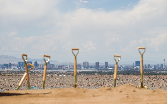 Shovels are seen following the groundbreaking of the first home to be built in Ascaya, a luxury home development, in the hills of the McCullough mountain range in Henderson, Nev. on Tuesday, July  ...