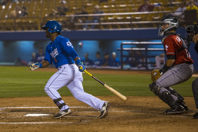 Dilson Herrera, 2, of the Las Vegas 51s, looks down field after hitting a home run against the Albuquerque Isotopes at Cashman Field in Las Vegas on Sunday, July 5, 2015. (Joshua Dahl/Las Vegas Re ...