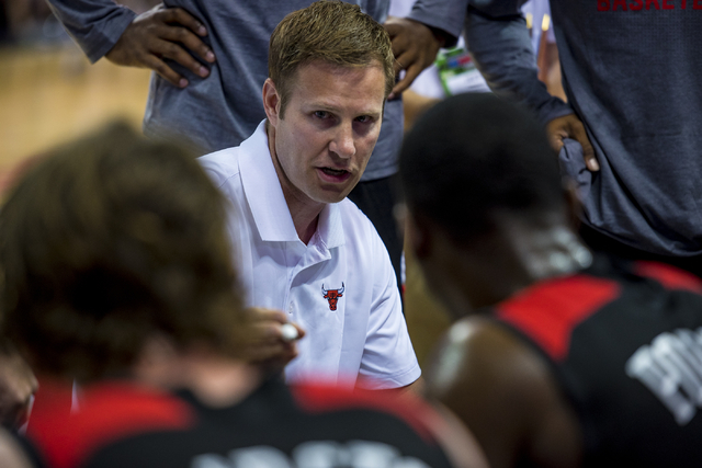 Fred Hoiberg, the head coach of the Chicago Bulls, talks to his team during a timeout in a game against the Minnesota Timberwolves at the NBA Summer League at the Thomas & Mack Center in Las Vegas ...