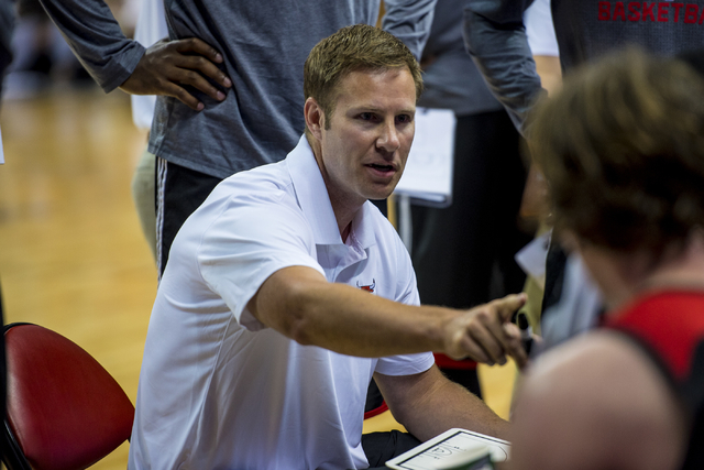 Fred Hoiberg, the head coach of the Chicago Bulls, talks to his team during a timeout in a game against the Minnesota Timberwolves at the NBA Summer League at the Thomas & Mack Center in Las Vegas ...