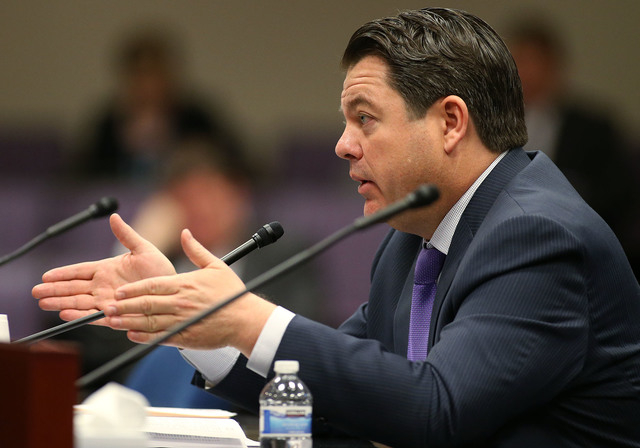 Nevada Senate Majority Leader Michael Roberson, R-Henderson, urges lawmakers to support a measure reforming Nevada collective bargaining laws during a hearing at the Legislative Building in Carson ...
