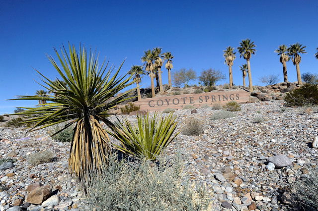 The Coyote Springs development entrance is seen near the intersection of U.S. 93 and State Route 168 on Thursday, Feb. 7, 2013. (David Becker/Las Vegas Review-Journal)