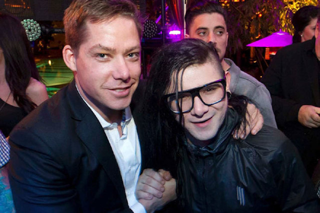 Jesse Waits, left, is seen with Skrillex. Waits has resigned as director of Wynn’s XS and Tryst nightclubs to join the $4 billion Alon hotel-casino project. (Courtesy)