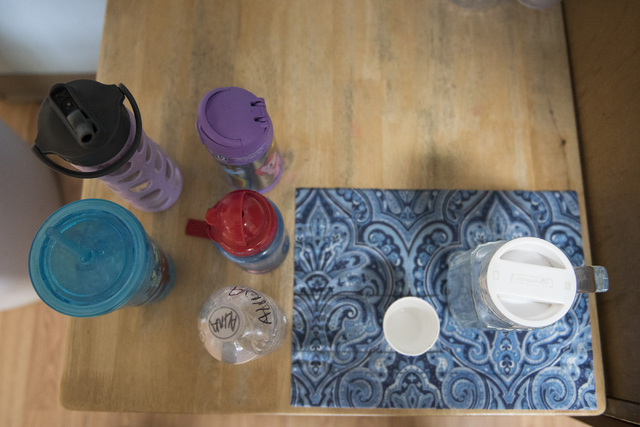 A pitcher of water, bottles, and a cup are shown at Mountain Heights Montessori in Las Vegas, Wednesday, July 1, 2015.(Jason Ogulnik/Las Vegas Review-Journal)