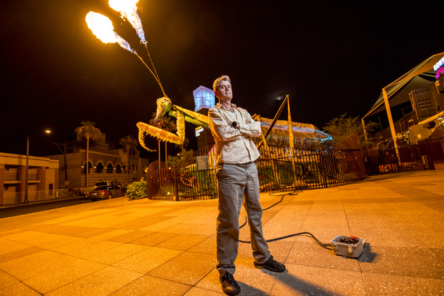 Merritt Pelkey, who operates the fire-shooting preying mantis that sits out front of Container Park in downtown Las Vegas, poses for a photo on Wednesday, July 1, 2015. (Joshua Dahl/Las Vegas Revi ...