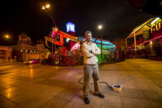 Merritt Pelkey, who operates the fire-shooting preying mantis that sits out front of Container Park in downtown Las Vegas, poses for a photo on Wednesday, July 1, 2015. (Joshua Dahl/Las Vegas Revi ...
