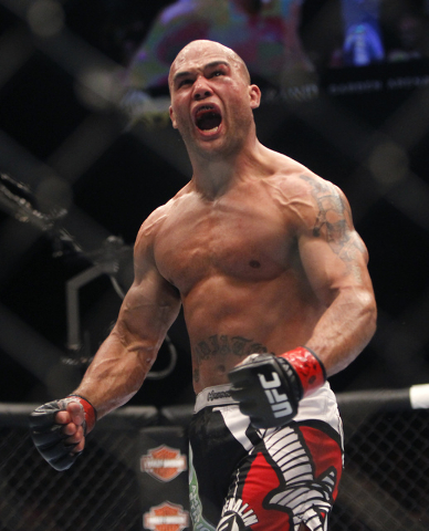 Robbie Lawler celebrates after defeating Jake Ellenberger during UFC 173 at the MGM Grand Garden Arena in Las Vegas on Saturday, May 24, 2014. (Jason Bean/Las Vegas Review-Journal)