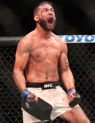 Jeremy Stephens reacts after defeating Dennis Bermudez by knockout during UFC 189 at the MGM Grand Garden Arena Saturday, July 11, 2015, in Las Vegas. (Chase Stevens/Las Vegas Review-Journal) Foll ...