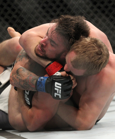 Gunnar Nelson subdues Brandon Thatch with a rear naked choke to win during UFC 189 at the MGM Grand Garden Arena Saturday, July 11, 2015, in Las Vegas. (Chase Stevens/Las Vegas Review-Journal) Fol ...