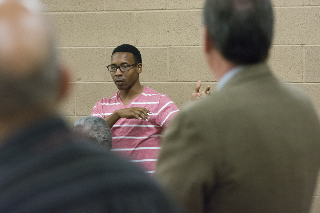 Detrick Sanford addresses a question to Melanie Braud, development and modernization coordinator, during North Valley Leadership Team's meeting at Dr. William U. Pearson Community Center in North  ...