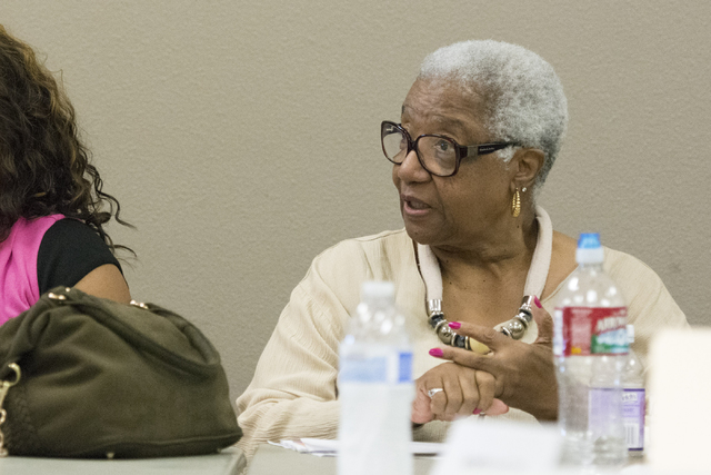 Mary Jennings directs a question to Cass Palmer, North Las Vegas director of Neighborhood and Leisure Services, at Dr. William U. Pearson Community Center in North Las Vegas, Saturday, July 11, 20 ...