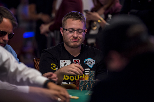 Brian Hastings stacks chips during the Main Event at the World Series of Poker at the Rio Convention Center in Las Vegas on Sunday, July 12, 2015. (Joshua Dahl/Las Vegas Review-Journal)