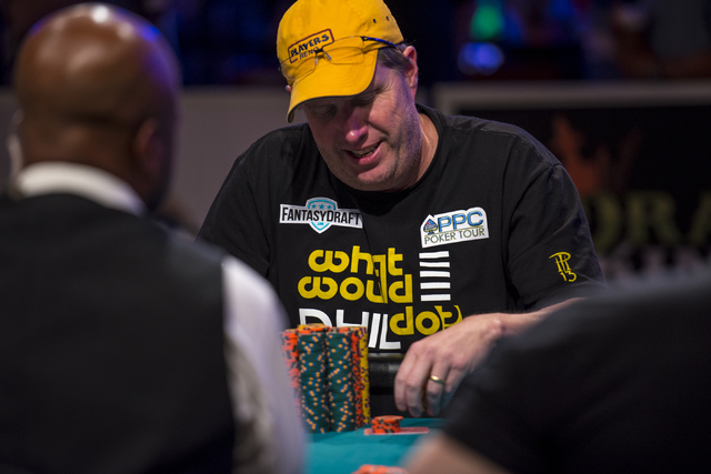 Mark Kroon stacks chips during the Main Event at the World Series of Poker at the Rio Convention Center in Las Vegas on Sunday, July 12, 2015. (Joshua Dahl/Las Vegas Review-Journal)