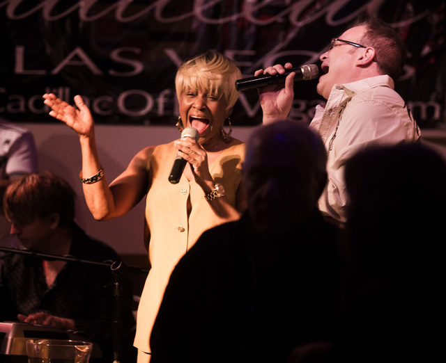 Genevieve Dew and emcee Mark Giovi sing during Monday Nite Jamming at the Tap House, 5589 W. Charleston Blvd., on Monday, June 29, 2015. Jeff Scheid on Twitter @jlscheid (Jeff Scheid/Las Vegas Rev ...