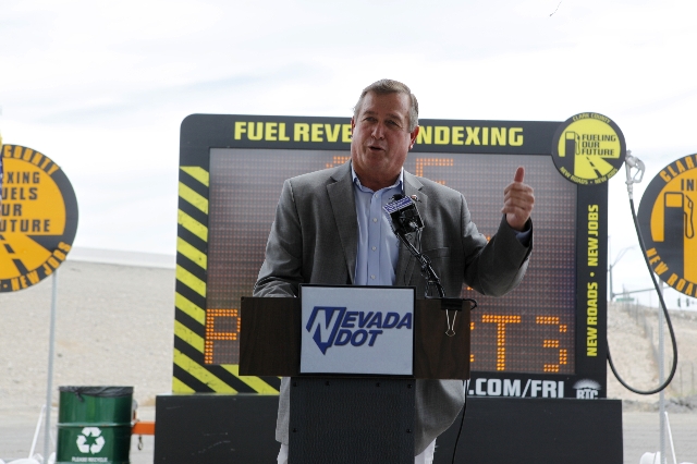 U.S. Rep. Cresent Hardy, R-Nev., speaks during the ground breaking ceremony for the Centennial Bowl Interchange improvement project at a construction near Interstate U.S. 95 and the westbound 215  ...