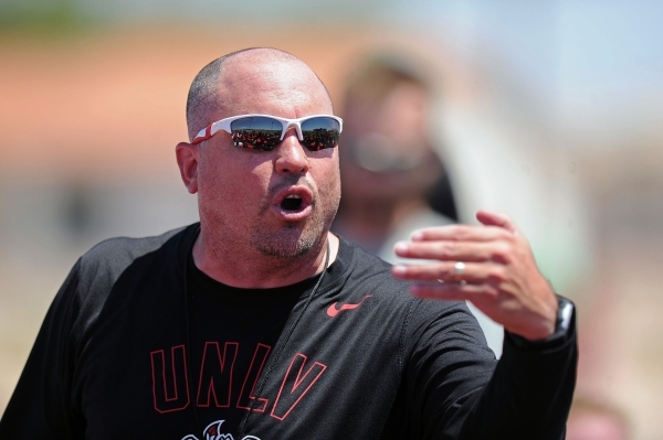 First-year UNLV football coach Tony Sanchez, seen instructing his players during an intrasquad scrimmage on Aug. 15, 2015. (Josh Holmberg/Las Vegas Review-Journal)