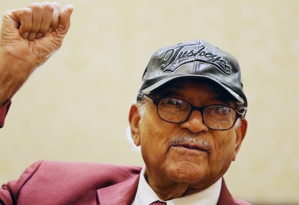 James Bynum, of the San Antonio Tuskegee Airmen Inc. chapter, speaks about his time in the Army Air Corps during the TAI 44th national convention at JW Marriott Wednesday, Aug. 19, 2015, in Las Ve ...